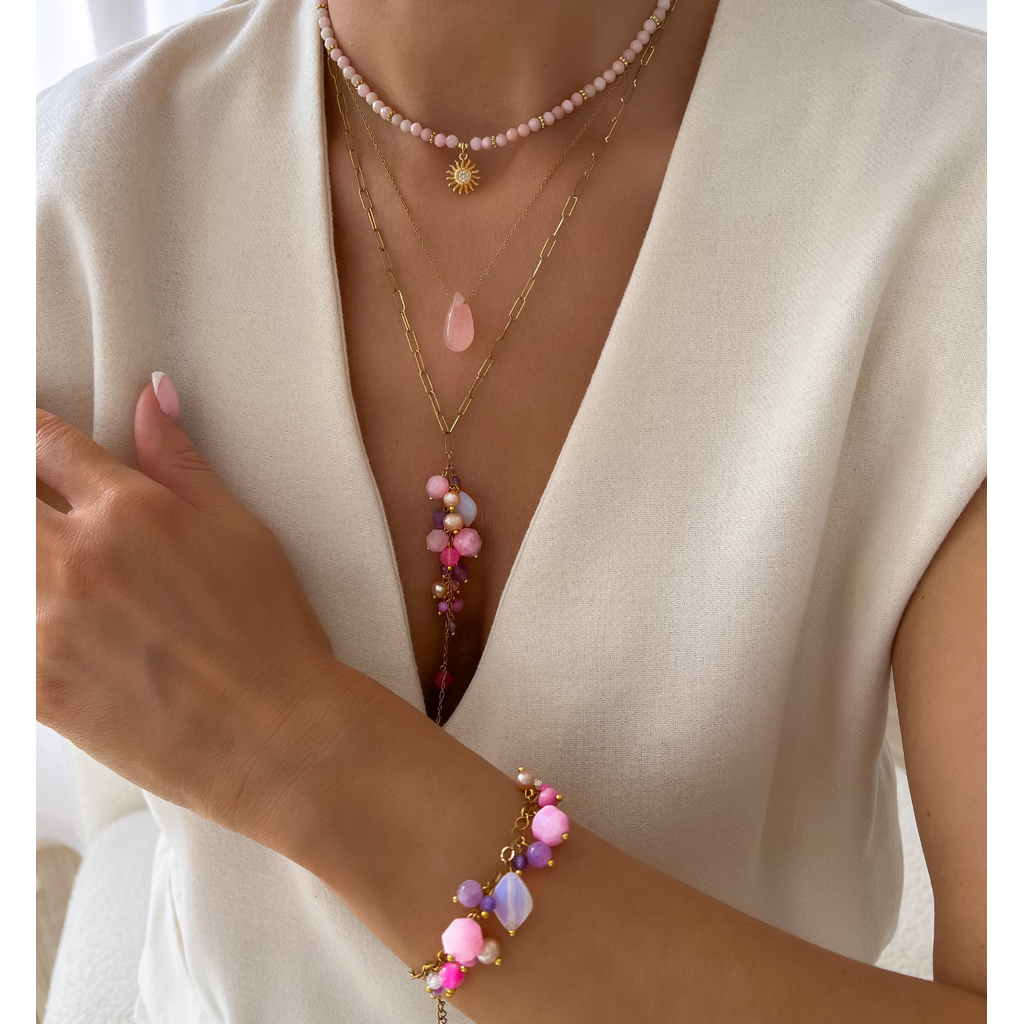 Off White & Pink Opal Stones Necklace with Crystal Sunflower