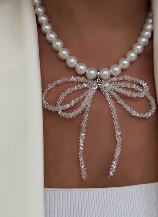 Shell Pearl Necklace with Crystal Double Bow & Silver Finishing
