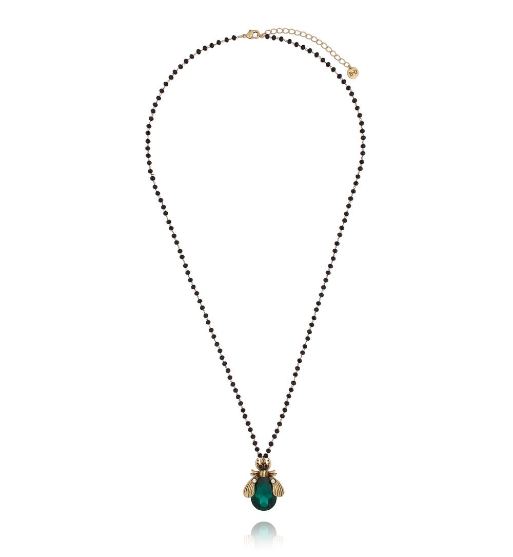 Black Long Crystal Necklace with Emerald Green Beetle Midnight