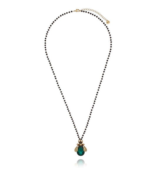 Black Long Crystal Necklace with Emerald Green Beetle Midnight