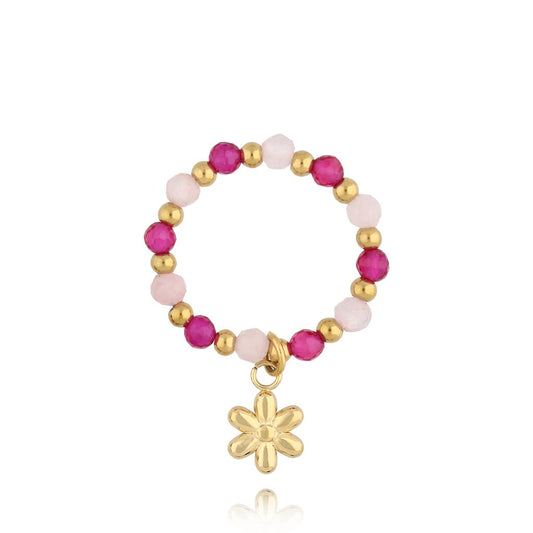 Elastic Pink Quartz Ring with Flower Pendant