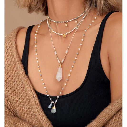 White Himalayan Stone Necklace with Sand Stones on Rope Cord