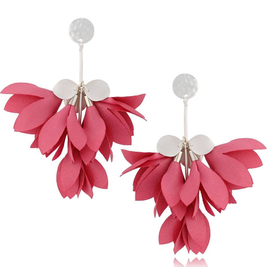 Sunkist Coral Satin Blossom Flower Earrings with Silver Finishing