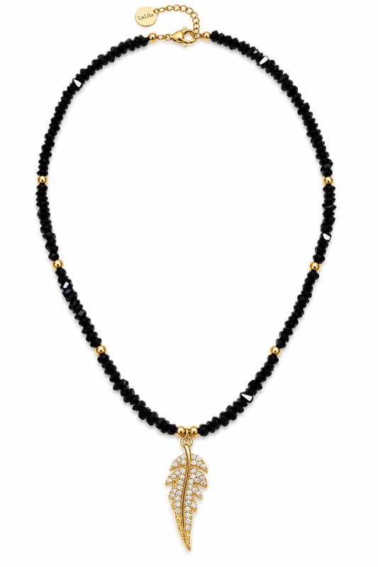 Black Crystals Necklace with Zirconium Fern Leaf Pendant