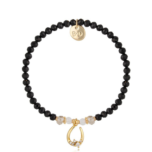 Black Agate Bracelet with Zircon Horseshoe Pendant