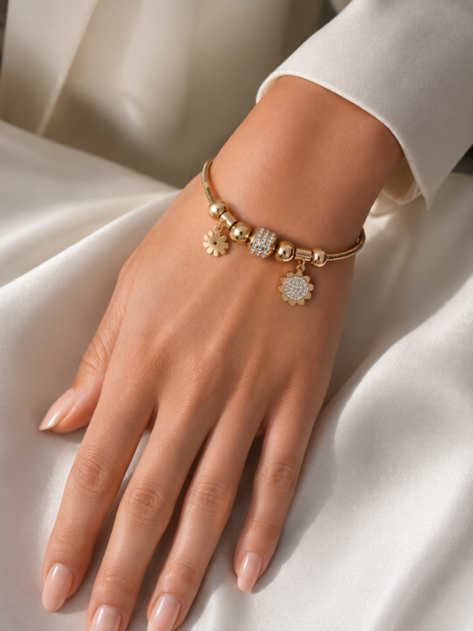 14k Gold Plated Statement Bracelet with Crystal Charm and Flower Pendants