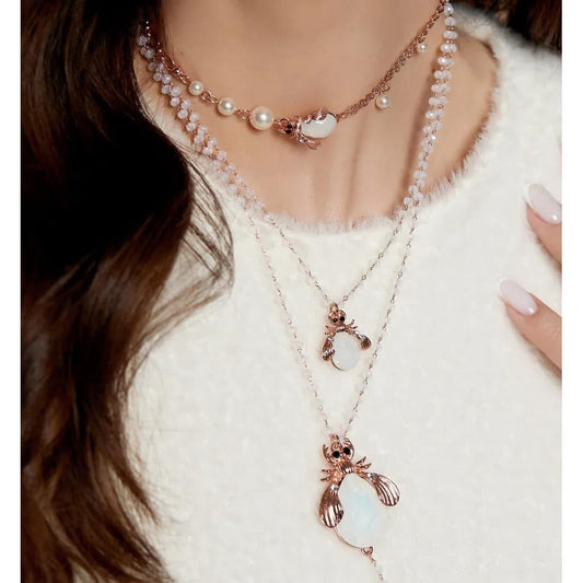 Double Rose Gold Chain Necklace with Milk White Beetle and Pearls