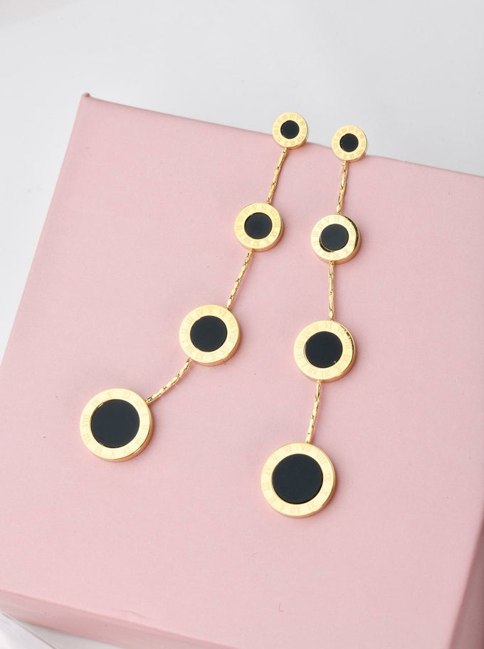 14k Gold Plated Black Enamel Circles Tassel Earrings