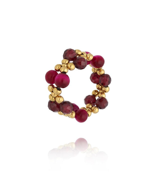 Gold Plated Burgundy and Pomegranate Stones Double Ring 0717