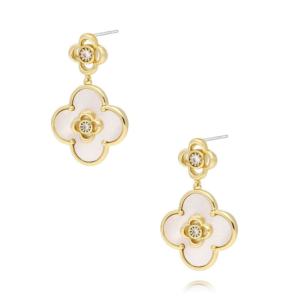 White Pearl Clover Earrings with Crystals