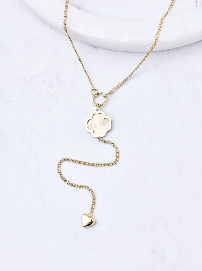 14k Gold Plated Lariat Necklace with Gold Clover and Heart
