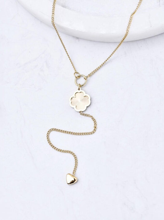 14k Gold Plated Lariat Necklace with Gold Clover and Heart
