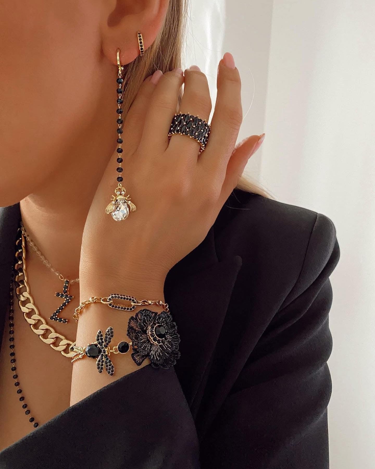 Multi Chain Bracelet with Black Flower and Crystal Dragonfly 0120