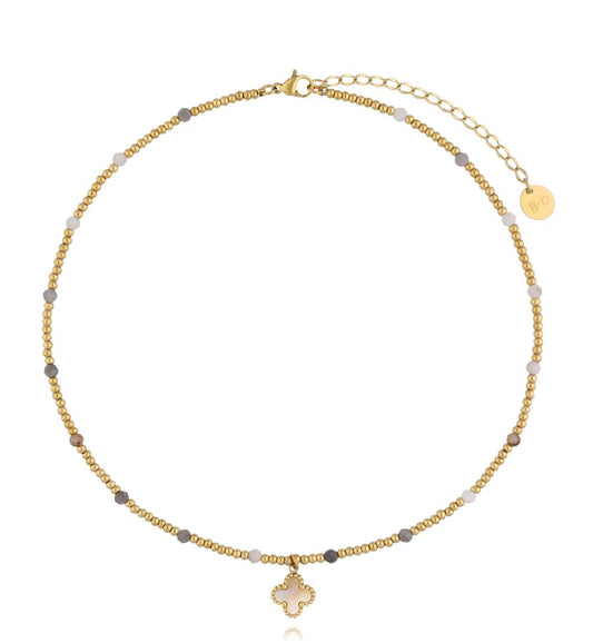 Gold Plated and Natural Stones Necklace with Pearl Clover