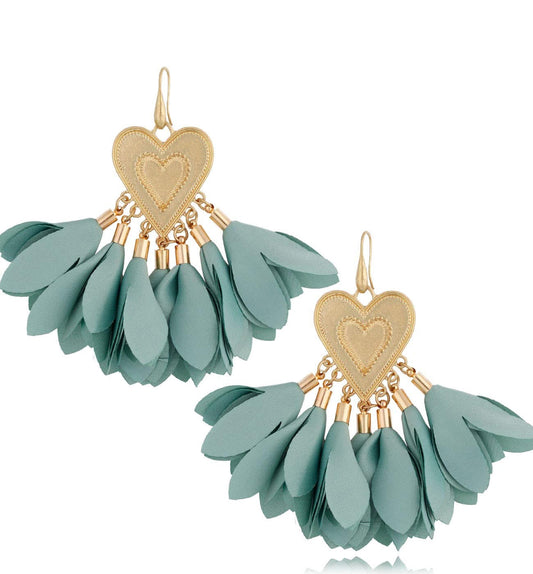 Cayan Green Satin Heart Flower Earrings with Gold Finishing