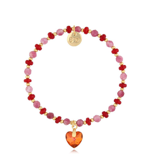 Pink Turmaline & Red Jadeite Stones Bracelet with Crystal Heart