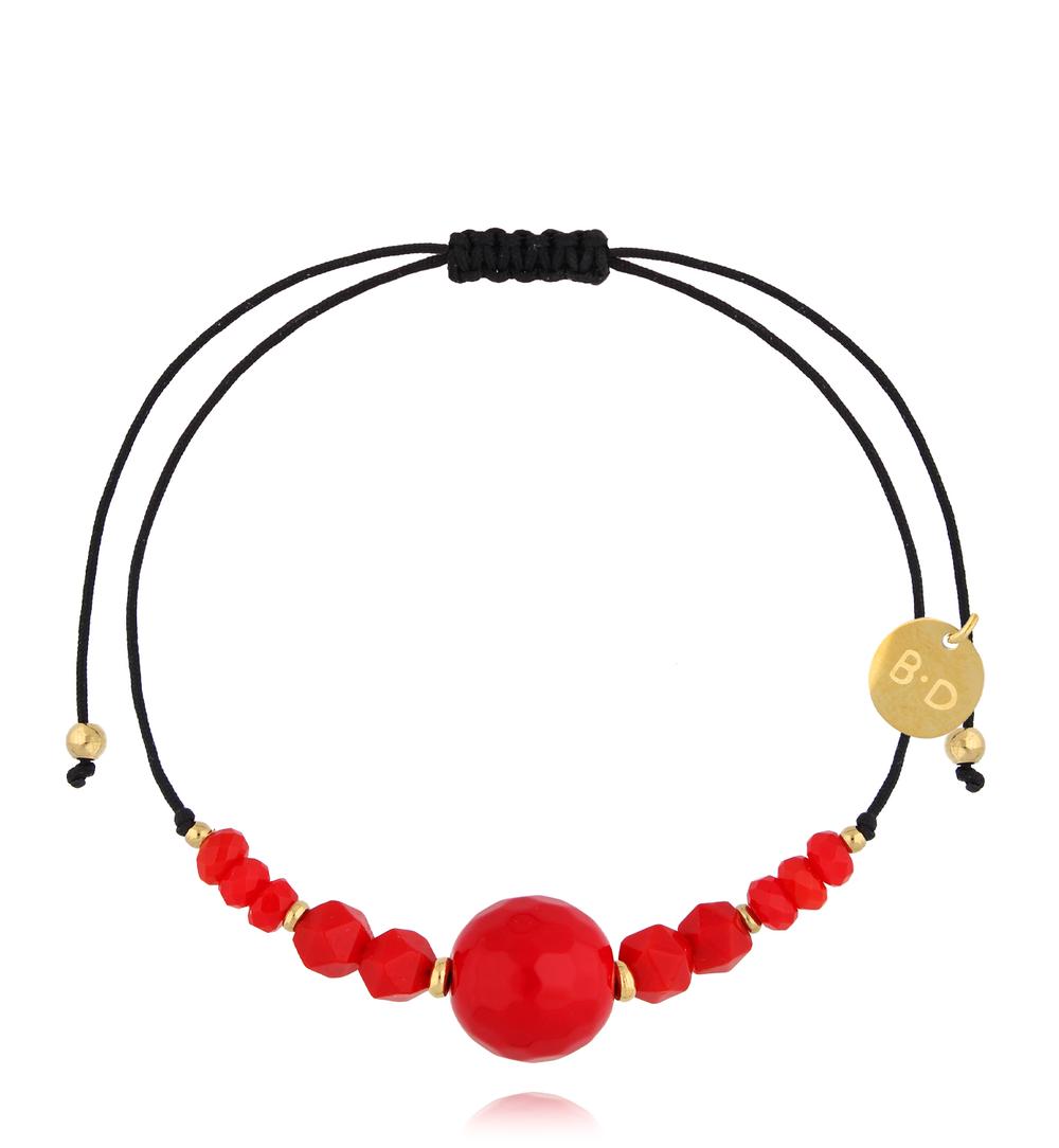 Gold Plated Black String Bracelet with Colored Red Jadeite Stones 0179