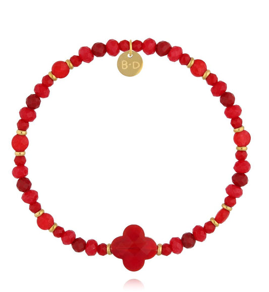 Gold Plated Red Jadeite and Crystals Clover Bracelet Karafuu