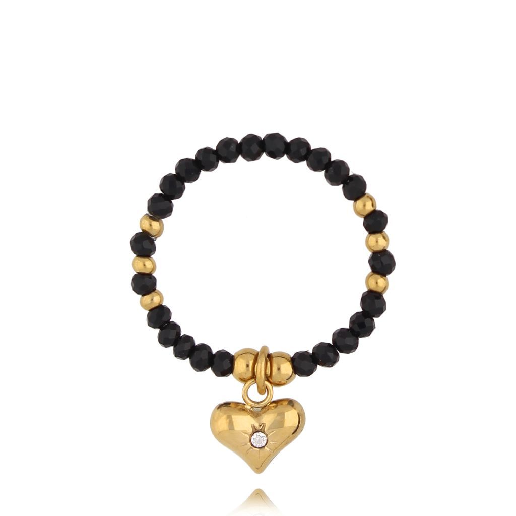 Elastic Black Onyx Ring with Heart Pendant