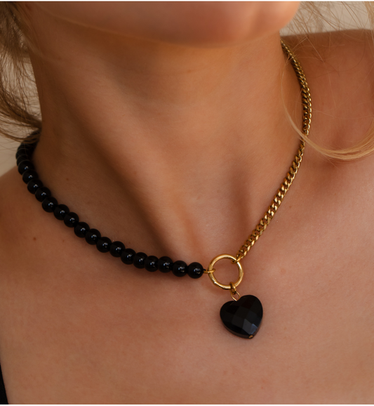 Gold Plated Chain Necklace and Black Onyx with Heart 0611