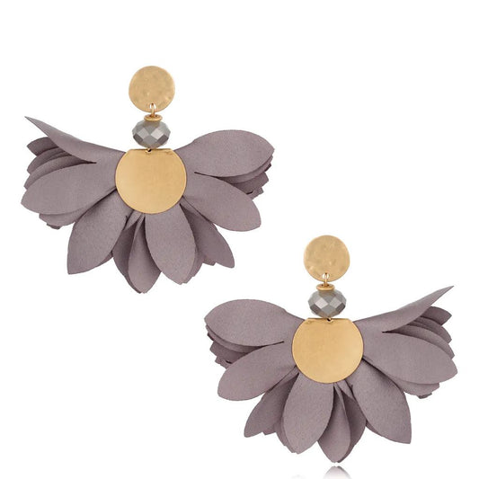 Gray Satin Flower Earrings with Old Gold Finishing