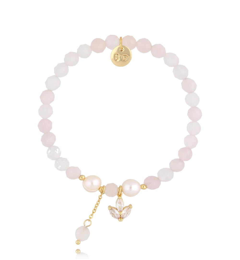 Pink Quartz Stones and Pearls Bracelet with Crystal Lily and Chain Pendant 2805