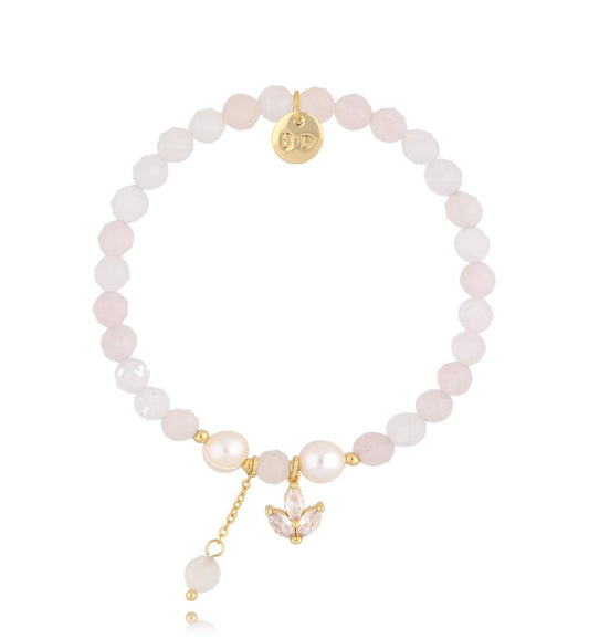 Pink Quartz Stones and Pearls Bracelet with Crystal Lily and Chain Pendant 2805