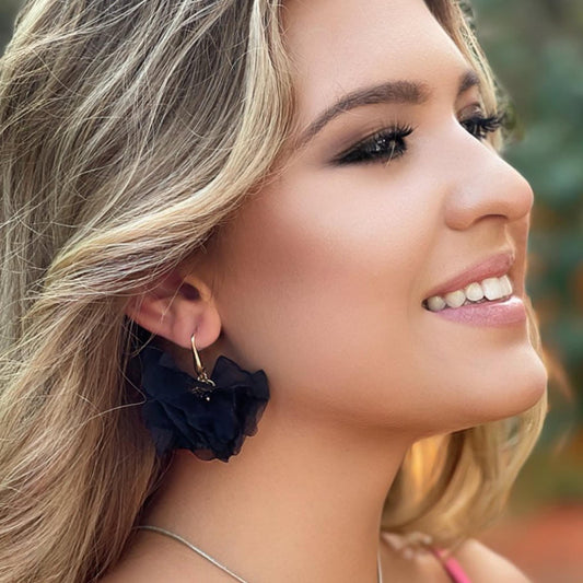 Short Black Silk Flower Earrings