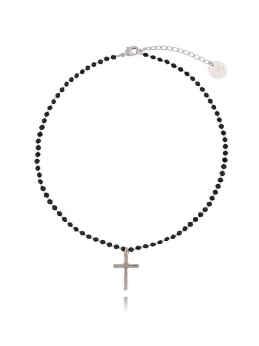 Black Crystals Necklace with Silver Cross
