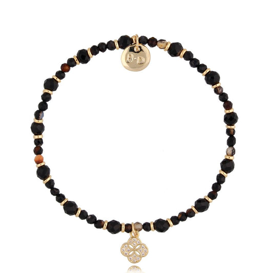 Black Tourmaline Stones Bracelet with Crystal Clover Pendant