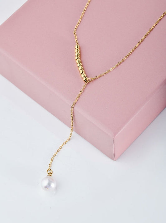 Gold Plated Y Necklace with One Pearl & Gold Beads