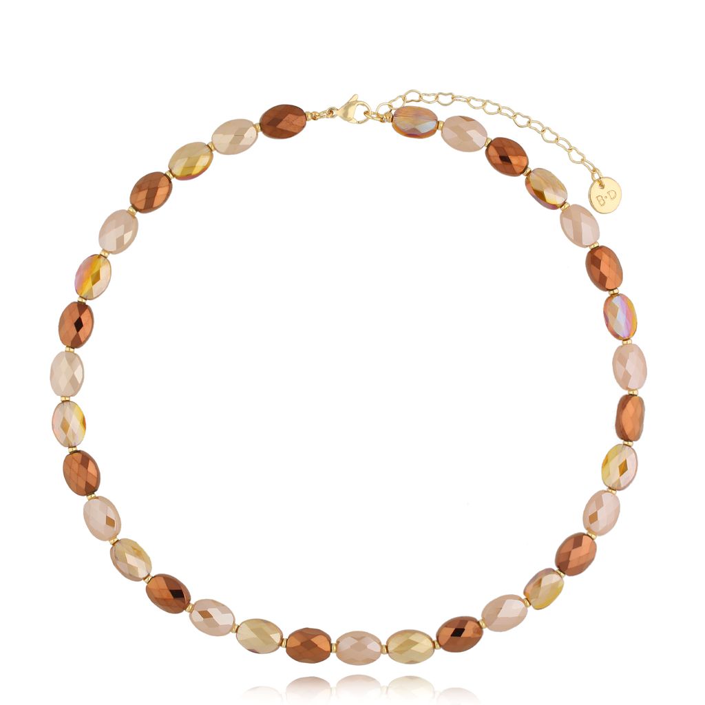 Beige & Rusty Brown Crystal Necklace Togue with Gold Finishing