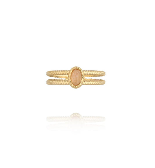 Gold Plated Adjustable Double Ring with Rhodonite Stone 0088