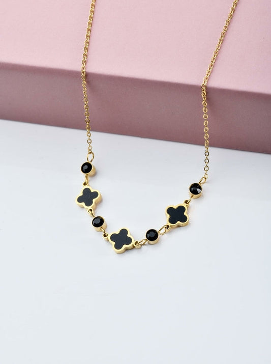 14k Gold Plated Black Clovers & Crystals Necklace