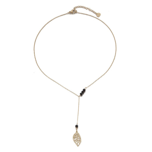 14k Gold Plated Leaf Lariat Necklace with Black Crystals