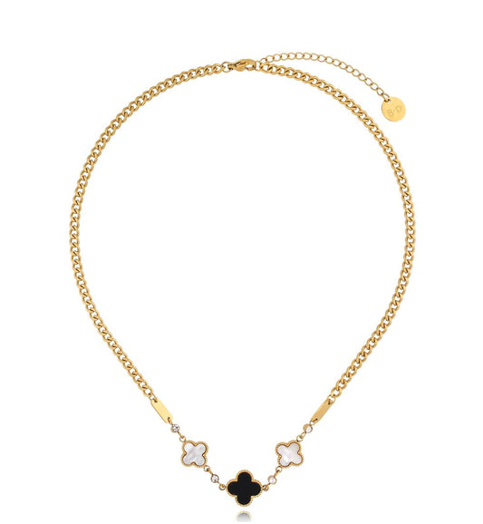 Gold Plated Necklace with Black and White Clovers 0311