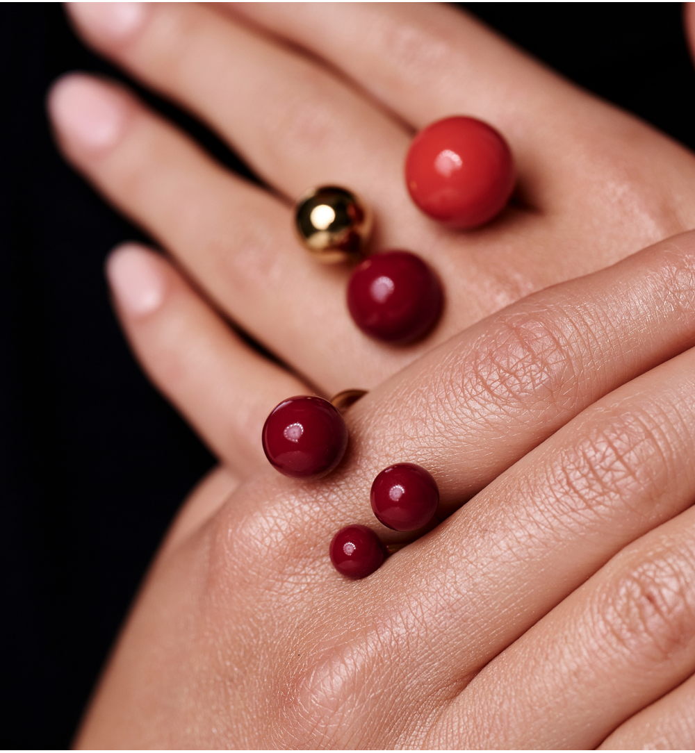 Steel and Shine Enamel Burgundy and Cider Orange Balls Ring 1088