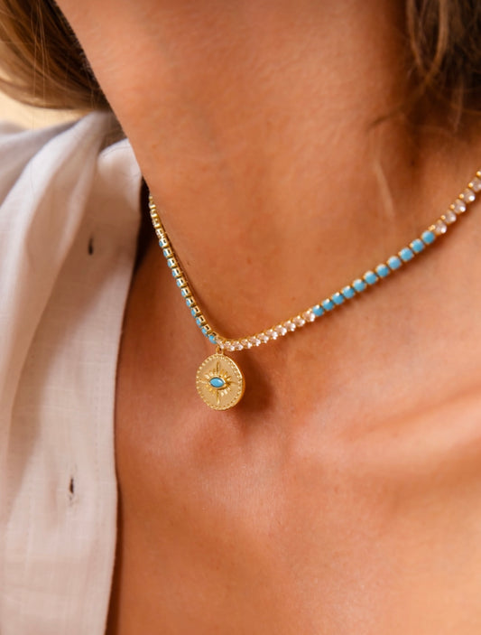 Turquoise Blue and Transparent Zirconia Tenis Crystals Necklace with Blue Eye Pendant