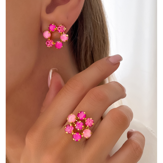 Shining Pink & Fuchsia Crystals Flower Adjustable Ring
