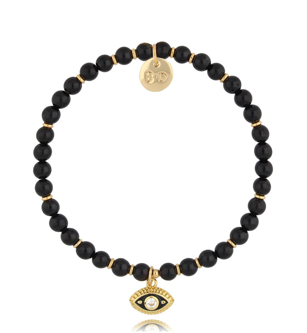 Black Tourmaline Bracelet with Gold Plated Evil Eye Pendant 2742