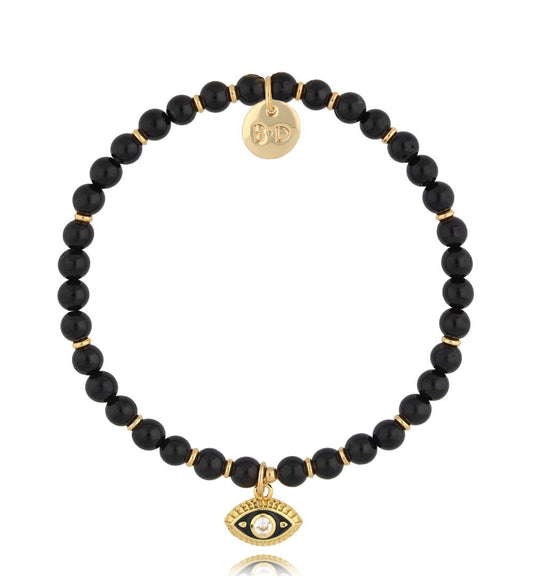 Black Tourmaline Bracelet with Gold Plated Evil Eye Pendant 2742