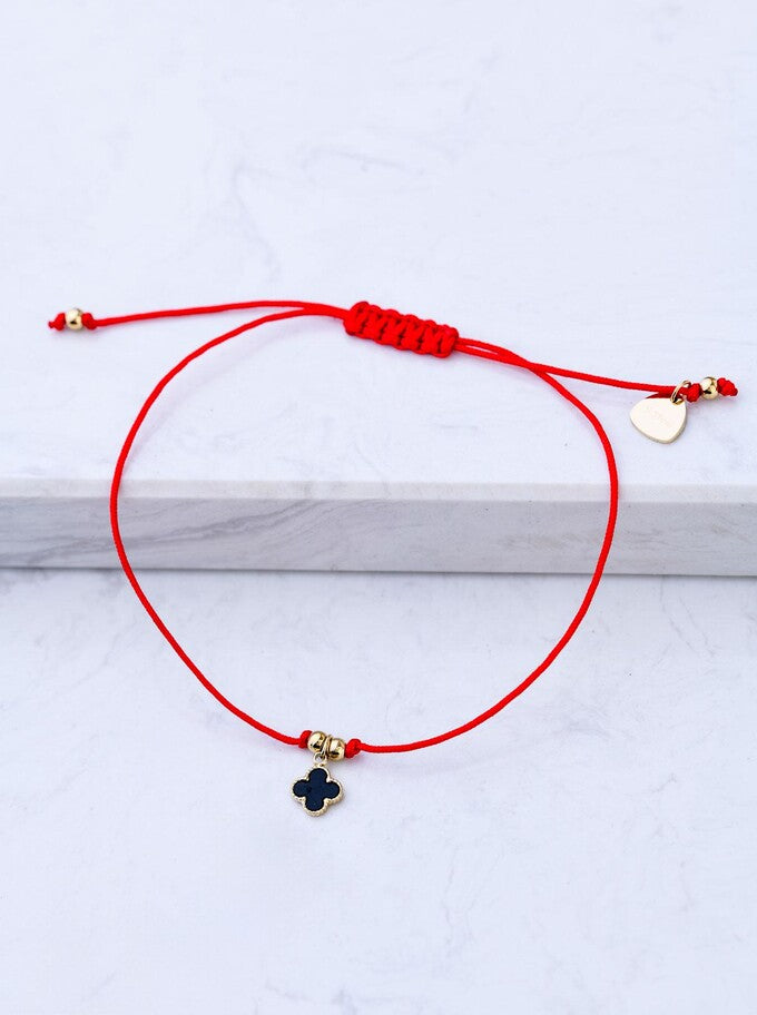 Lucky Thin Red String Bracelet with Black Clover