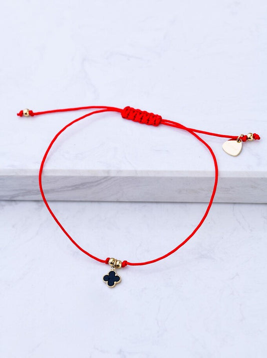 Lucky Thin Red String Bracelet with Black Clover