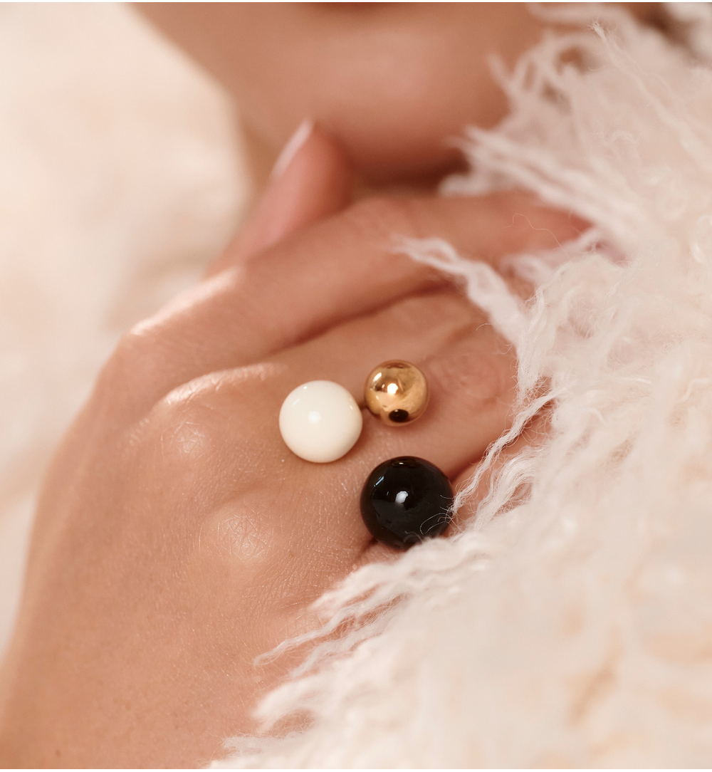 Steel and Shine Enamel Black and White Balls Ring 1109