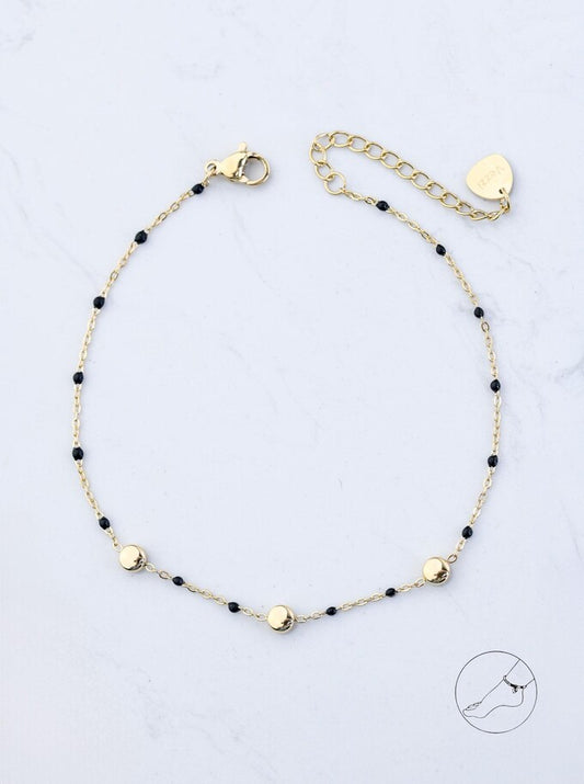 14k Gold Plated Anklet with Gold Balls and Black Beads