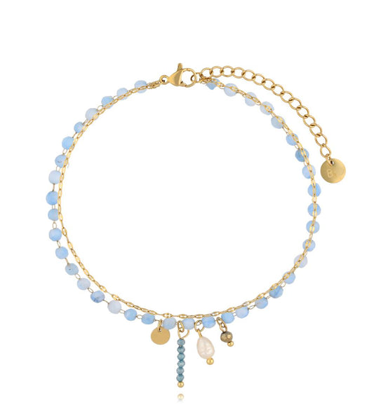 Gold Plated Double Chain Anklet with Blue Jadeite & Pendants Paradise