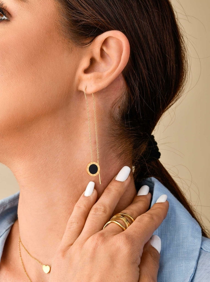 14k Gold Plated Threader Earrings with Black Enamel Circle