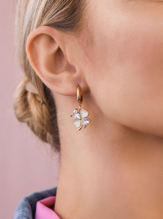 14k Gold Plated Clover Earrings with Acrylic and Crystal Stones