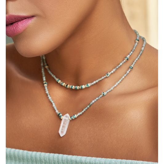 Green and Gray Apatite Stones Necklace with Crystal