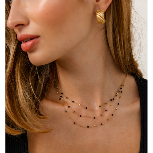 Gold Plated Layer Black Agate and Gold Blocks Necklace